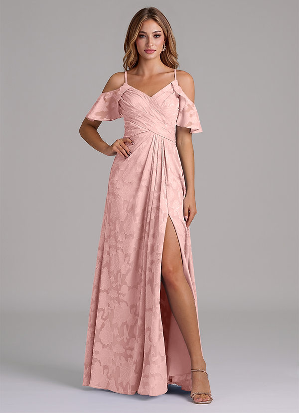 Azazie Dakota Robes de demoiselle d'honneur Robe Trapèze en Blumen-Burnout Épaule décolletée Rose Poudré image1