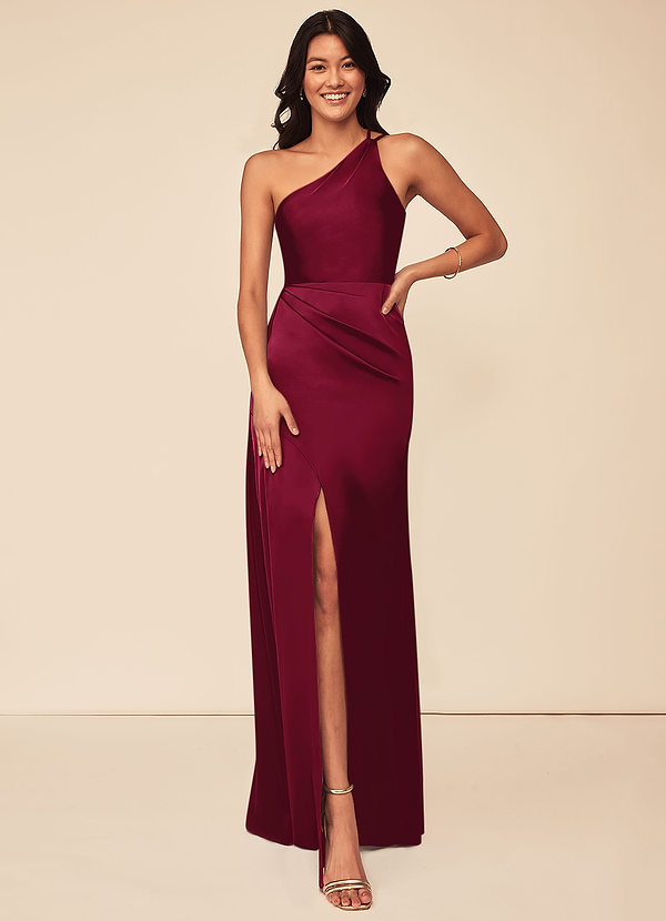 Azazie Maron Bridesmaid Dresses Burgundy A-Line One Shoulder Stretch Satin Dress image1