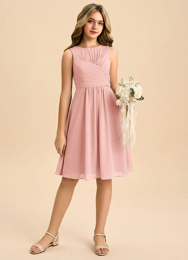 Azazie Skyla Junior A-linja Pliseerattu Sifonki Mini Nuorempi morsiusneito Pukeutua image1