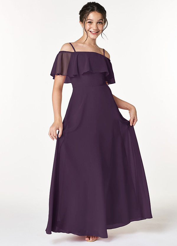 Azazie Maggie Junior Plum A-Line Off the Shoulder Chiffon Dress image1
