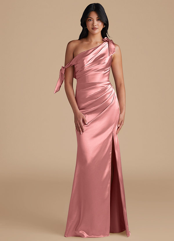 Azazie Xyla Bridesmaid Dresses Rosette Sheath Off the Shoulder Metallic Satin Convertible Dress image1