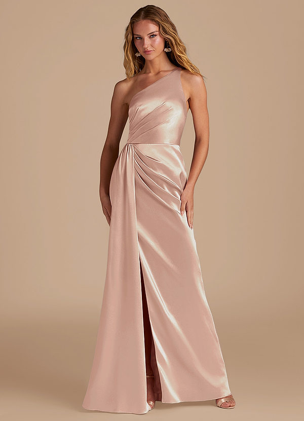 Azazie Mika Bridesmaid Dresses English Rose Sheath One Shoulder Metallic Satin Dress image1