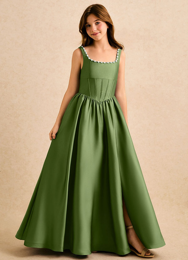 Azazie Enid Girls Formal Blumenkinder Kleider A-Linie Mit Perlen Stretch-Satin Kleid Wacholder image1