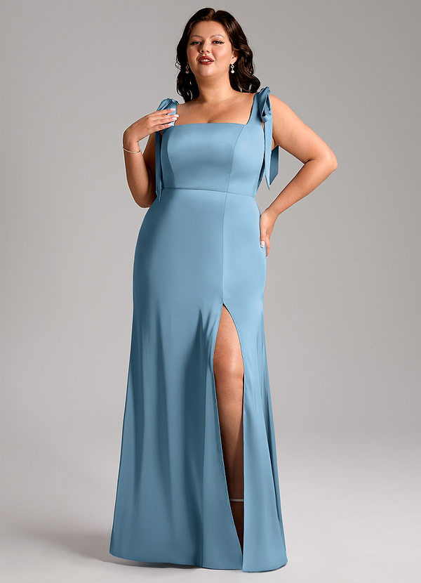 Azazie Frostine Bridesmaid Dresses Steel Blue A-Line Bow Stretch Satin Dress image1