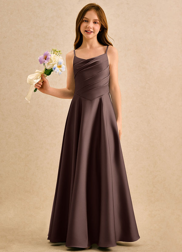 Azazie Coconut Girls Formal Blumenkinder Kleider A-Linie Plissee Stretch-Satin Kleid Ganache image1