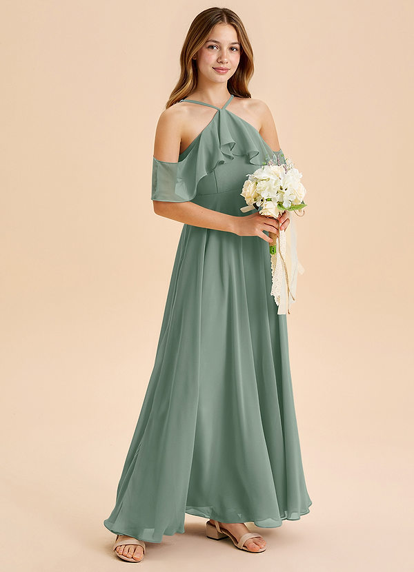 Azazie Tessabelle Junior Silver Sage A-Line Off the Shoulder Chiffon Dress image1