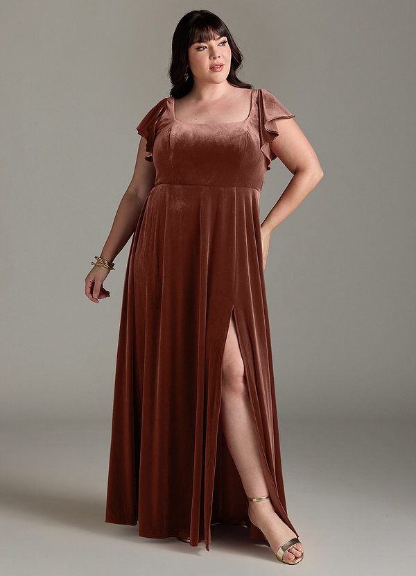 Azazie Bondi Bridesmaid Dresses Terracotta A-Line Side Slit Velvet Dress image1