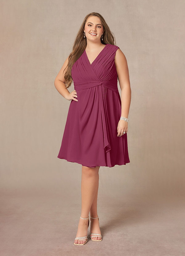 Azazie Theron Brautmutterkleider A-Linie V-Hals Gefaltet Chiffon Kleid Maulbeerrot image1