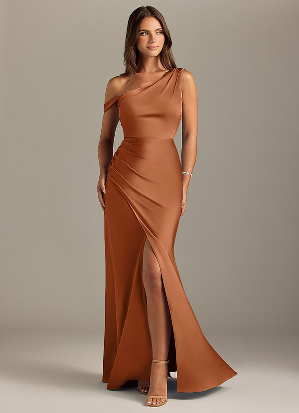 Azazie Madelyn Bridesmaid Dresses Copper Mermaid Off the Shoulder Stretch Satin Convertible Dress image1