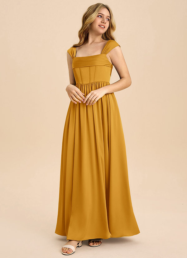 Azazie Hattie Junior Butterscotch A-Line Pleated Stretch Satin Dress image1