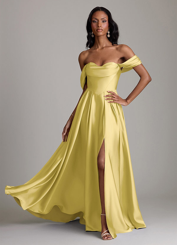 Azazie Loisa Abiti da Damigella Abito A-Line in Raso Elasticizzato a Spalla Scoperta Canarino image1