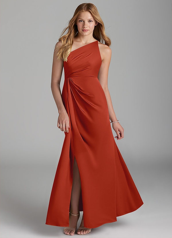Azazie Mika Junior Robe Trapèze en Satin extensible Plissée Rouille image1