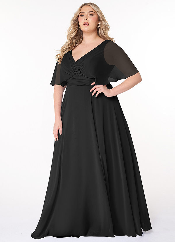 Azazie Pamela Bridesmaid Dresses Black A-Line V-Neck Pleated Chiffon Dress image1