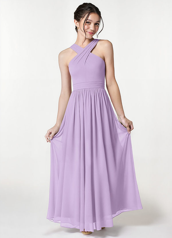 Azazie Jiya Junior Lilac A-Line Pleated Mesh Dress image1