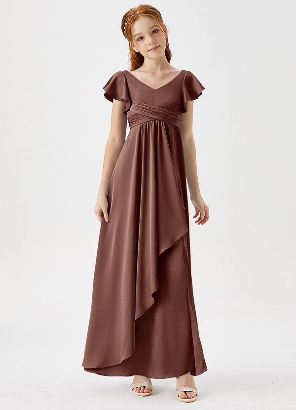 Azazie Omari Junior Espresso A-Line Pleated Stretch Satin Dress image1