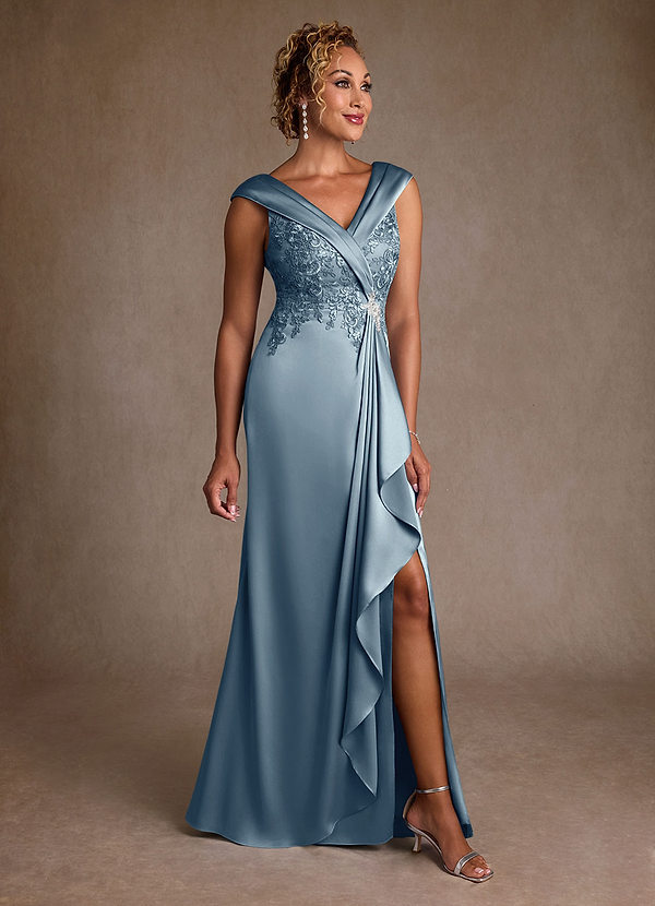 Azazie Santa Monica Mother of the Brides Dresses Dusty Blue A-Line Lace Dress image1