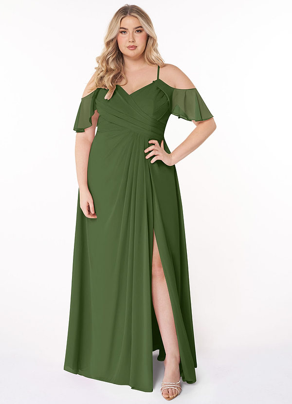 Azazie Dakota Bridesmaid Dresses Olive A-Line V-Neck Pleated Chiffon Dress image1
