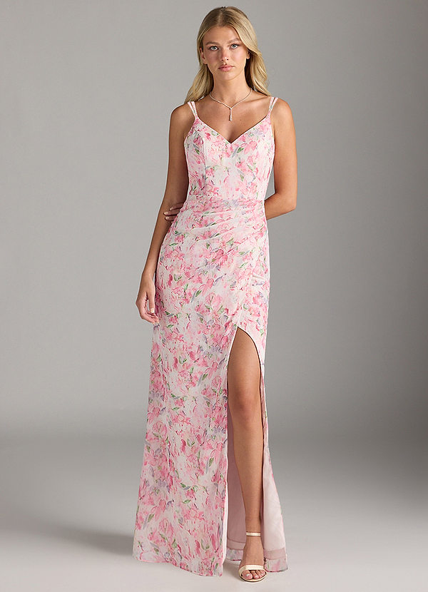 Azazie Leo Bridesmaid Dresses Abstract Watercolor Floral Mermaid V-Neck Pleated Chiffon Dress image1