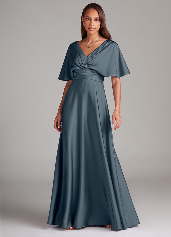 Azazie Pamela Robes Demoiselle d'honneur Robe Trapèze en Satin extensible Plissée Violet Crépusculaire image1