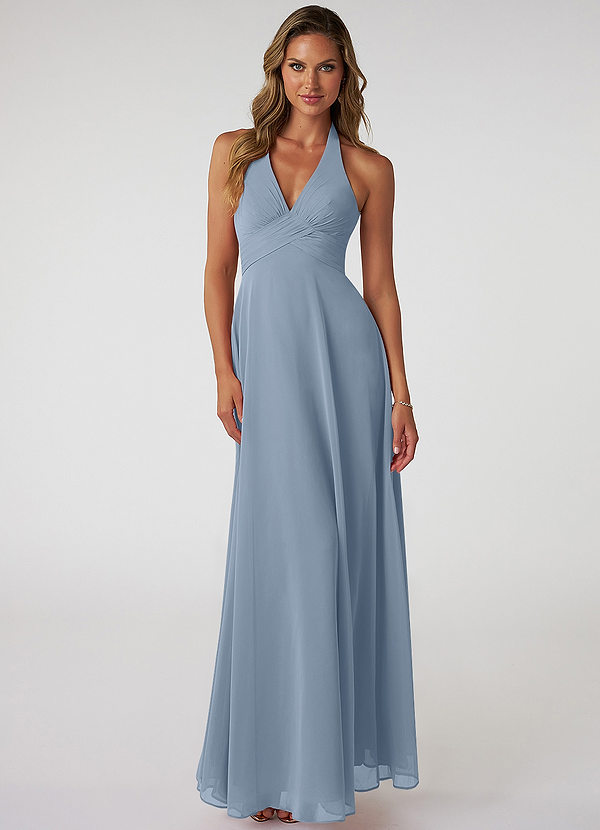 Azazie Tessie Bridesmaid Dresses Dusty Blue A-Line V-Neck Pleated Chiffon Dress image1