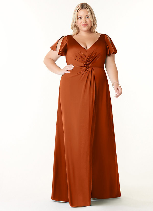 Azazie Soren Bridesmaid Dresses Burnt Orange A-Line Pleated Stretch Satin Dress image1