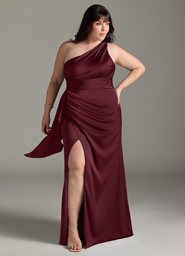 Azazie Maive Robes Demoiselle d'honneur Robe Fourreau en Satin extensible Rayé Cabernet image1