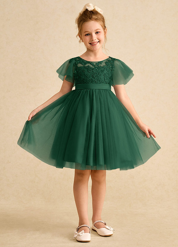 Azazie Queenie Robes de Fillette d'Honneur Robe Trapèze en Dentelle Vert Foncé image1