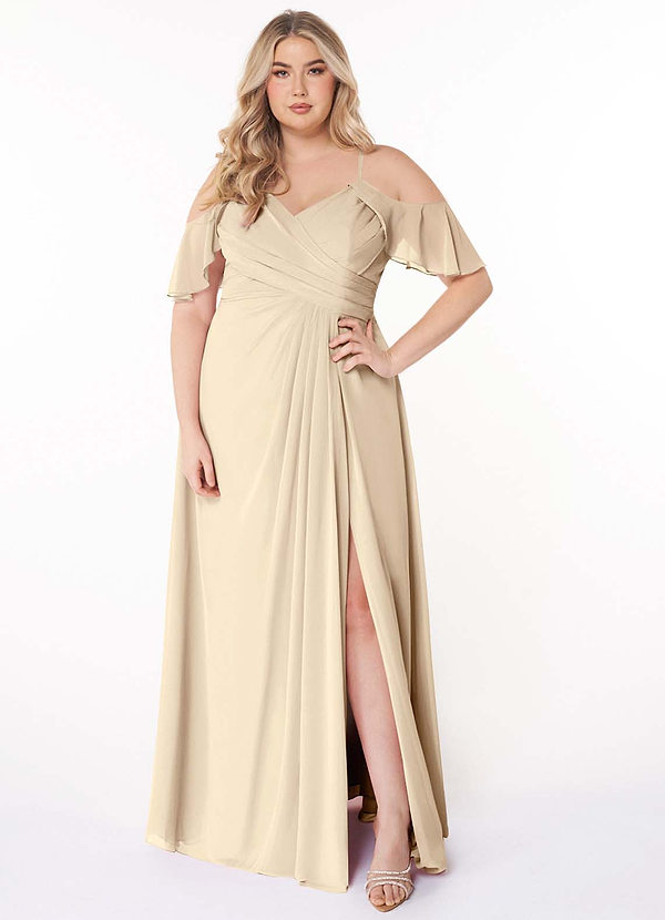 Azazie Dakota Bridesmaid Dresses Champagne A-Line V-Neck Pleated Chiffon Dress image1