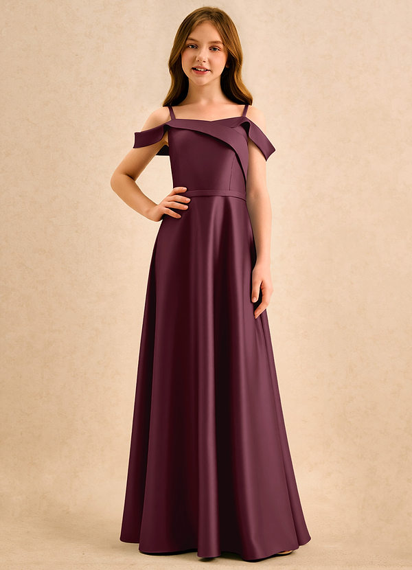 Azazie Jupie Girls Formal Vestidos de Niña de Flores Vestido de Cabernet de Satin Mate de Corte en A con Plisado image1