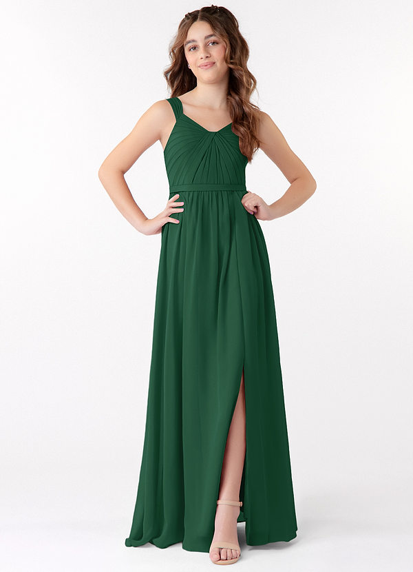 Square Long Junior Bridesmaid Dress With Cascade Skirt Dark Green