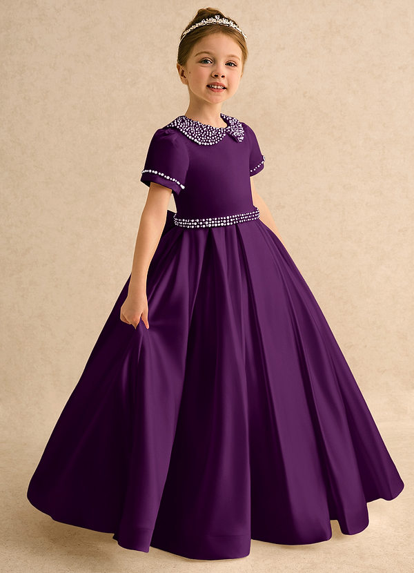 Azazie Gabriella Flower Girl Dresses Grape Ball-Gown with Sleeves Matte Satin Dress image1