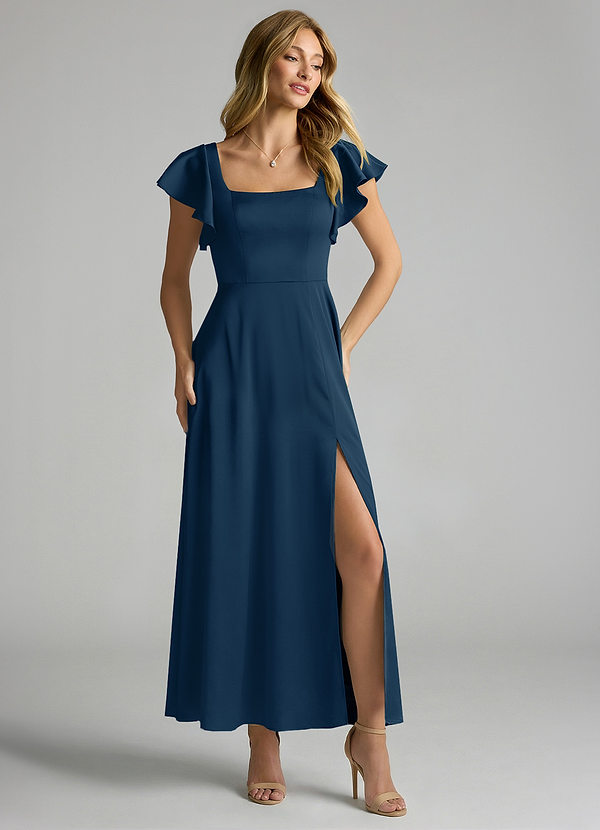 Azazie Bondi 신부 들러리 드레스 A라인 셔링 스트레치 새틴 발목 길이 드레스 image1