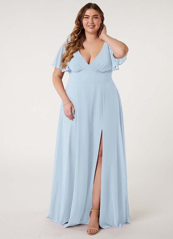 Azazie Kimber Robes de demoiselle d'honneur Robe Trapèze en Mousseline de soie Manches à volants Brume image1