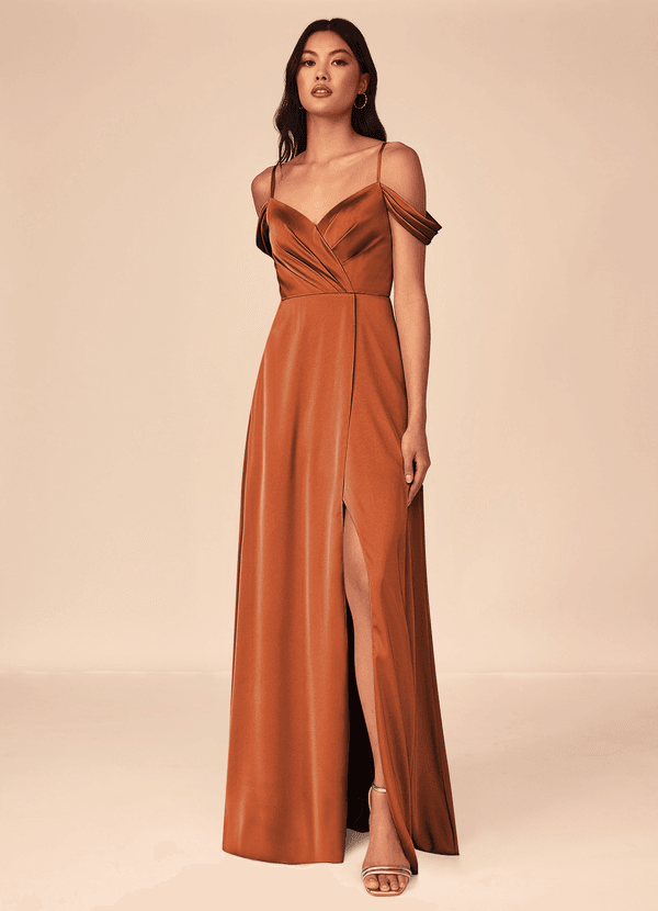 Azazie Ocean Bridesmaid Dresses Cinnamon A-Line V-Neck Pleated Stretch Satin Dress image1