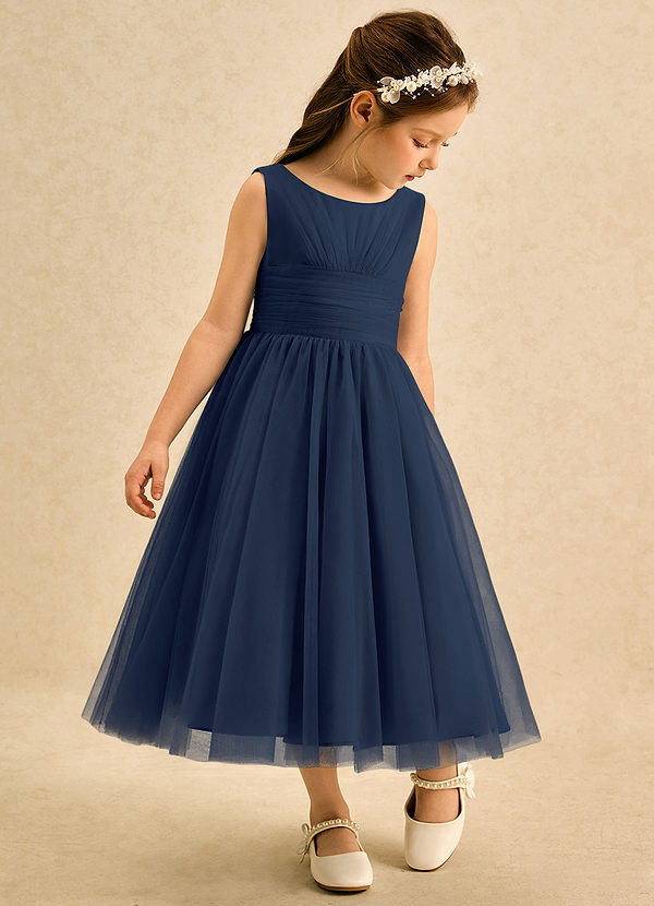 Azazie Macaron Robes de Fillette d'Honneur Robe Trapèze en Tulle Plissée Bleu Marine Foncé image1