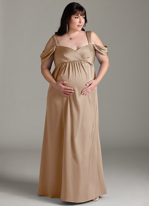 Azazie Rhea Robe demoiselle d'honneur enceinte Robe Trapèze Épaule nue plissée Longueur ras du sol Satin extensible image1