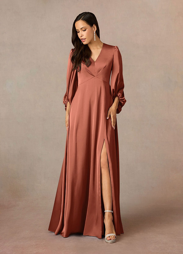 Azazie Luna Mother of the Brides Dresses Clay A-Line Pleated Stretch Satin Dress image1