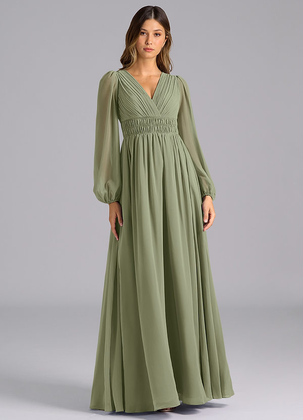 Azazie Palerma Bridesmaid Dresses Pistachio A-Line Long Sleeve Chiffon Dress image1
