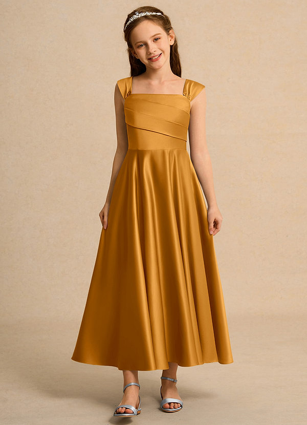 Azazie Bundle Junior Formal Vestidos de Niña de Flores Vestido de Caramelo de Satin Mate de Corte En A con Plisado image1