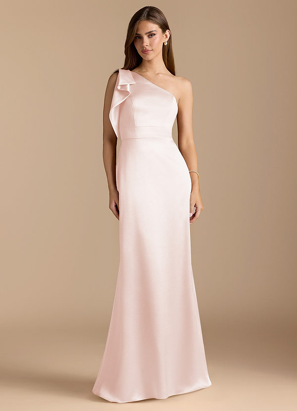 Azazie Rinna Bridesmaid Dresses Rose Gold Mermaid Ruched Metallic Satin Dress image1