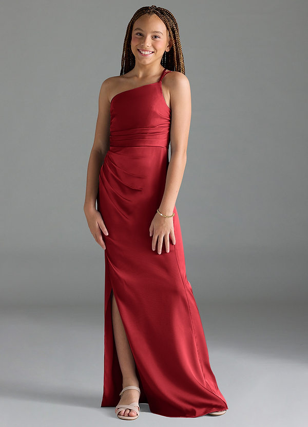Azazie Eren Junior Pomegranate Sheath Pleated Stretch Satin Dress image1