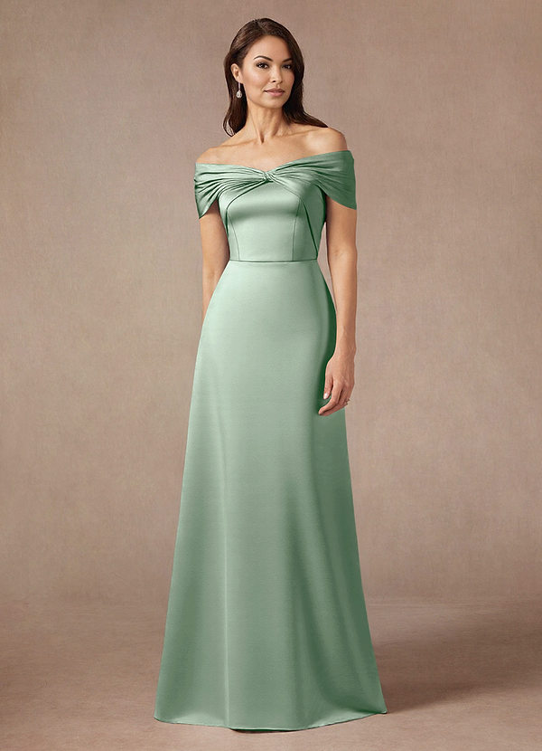 Azazie Amelia Mother of the Bride Dresses Agave A-Line Off the Shoulder Stretch Satin Dress image1
