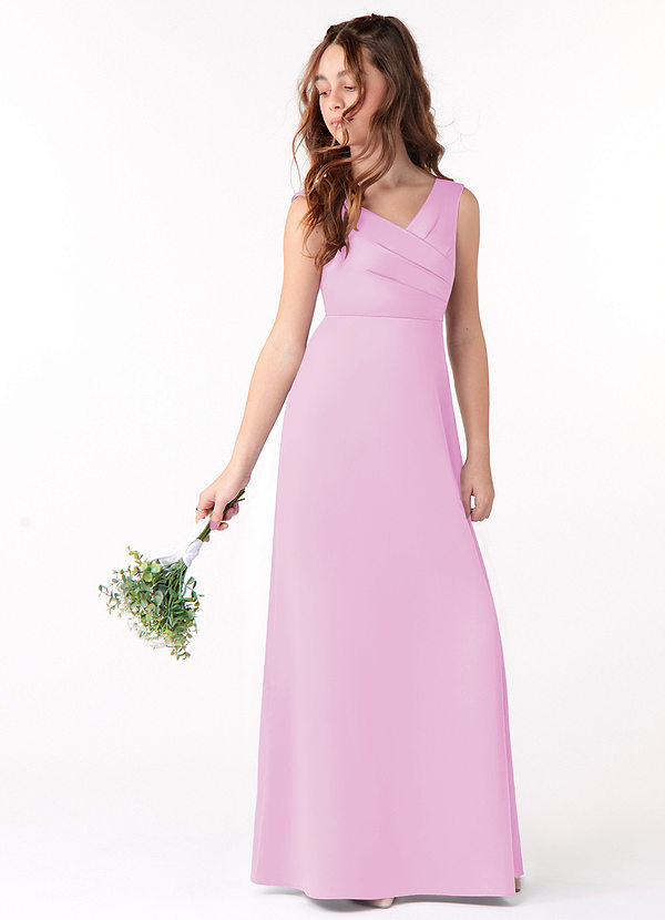Azazie Sadia Junior Vestido de Rosa Caramelo de Satin Mate de Corte En A con Plisado image1