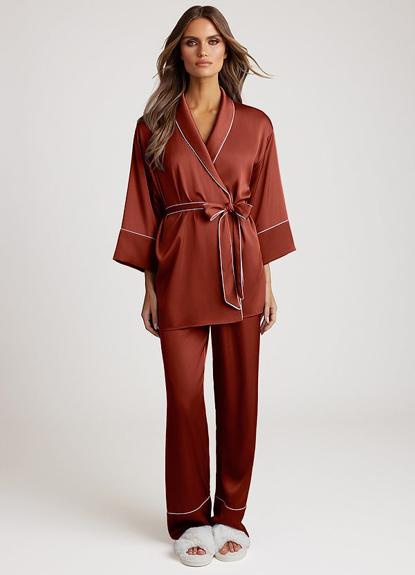 front Terracotta Satin Trim Pajama Set
