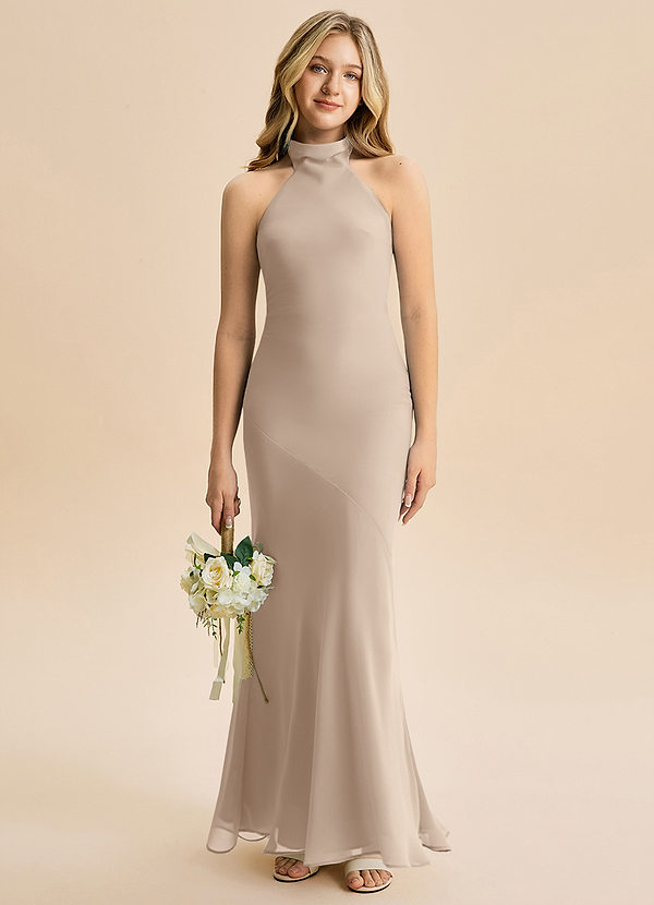 Azazie Velli Junior Taupe Mermaid High Neck Chiffon Dress image1