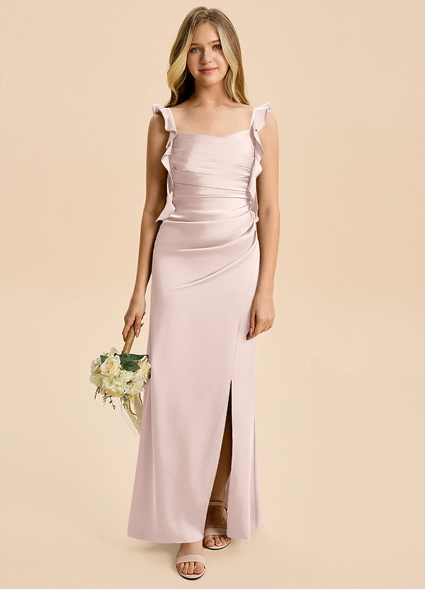 Azazie Jessamine Junior Blushing Pink A-Line Ruched Stretch Satin Dress image1