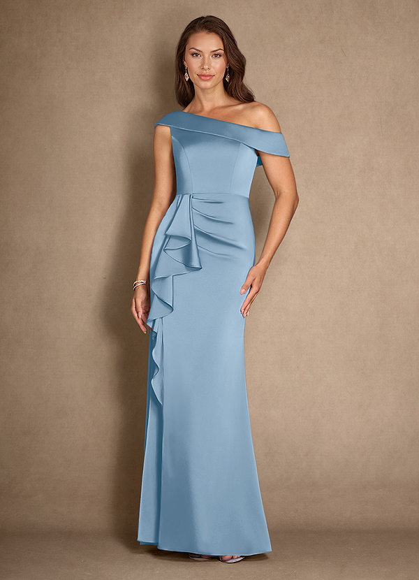 Azazie Hamptons 신부의 어머니 드레스 A라인 주름진 스트레치 새틴 플로어 길이 드레스 image1