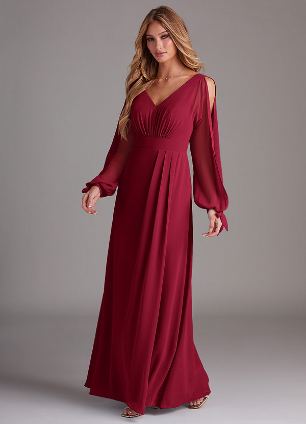 Azazie Matilda Bridesmaid Dresses Burgundy A-Line Long Sleeve Chiffon Dress image1