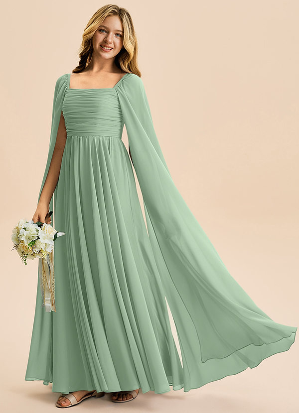 Azazie Calista Junior Vestido Matchá de Chiffon de Linha A com Plissado image1