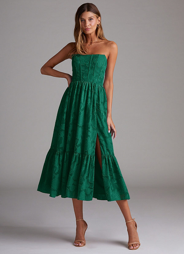 Azazie Delphina Bridesmaid Dresses Emerald A-Line Strapless Floral Burnout Convertible Dress image1